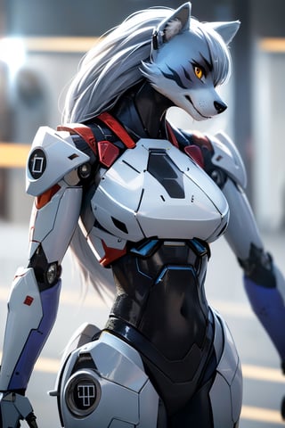 RAW photo, Best picture quality, high resolution, HDR, highres, (absurdres:1.2), realistic, sharp focus, realistic image of elegant furry anthro woman, beauty, supermodel, pure white hair with green, red eyes, wearing high-tech cyberpunk style blue mecha suit, radiant Glow, sparkling suit, mecha, perfectly customized high-tech suit, ice theme, custom design, 1 girl,furry, anthro, wolf,dark grey fur, white fur, body fur, wolf face, wolf girl, furry wolf, swordup, looking at viewer, robot,  lens flare, (vibrant color:1.2),1girl, hourglass body shape,fnafroxanne