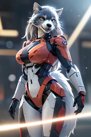 RAW photo, Best picture quality, high resolution, HDR, highres, (absurdres:1.2), realistic, sharp focus, realistic image of elegant furry anthro woman, beauty, supermodel, pure white hair with green, red eyes, wearing high-tech cyberpunk style blue mecha suit, radiant Glow, sparkling suit, mecha, perfectly customized high-tech suit, ice theme, custom design, 1 girl,furry, anthro, wolf,dark grey fur, white fur, body fur, wolf face, wolf girl, furry wolf, swordup, looking at viewer, robot,  lens flare, (vibrant color:1.2),1girl, hourglass body shape,fnafroxanne