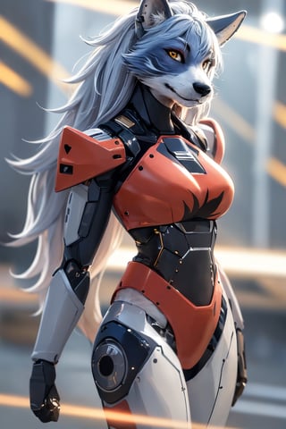 RAW photo, Best picture quality, high resolution, HDR, highres, (absurdres:1.2), realistic, sharp focus, realistic image of elegant furry anthro woman, beauty, supermodel, pure white hair with green, red eyes, wearing high-tech cyberpunk style blue mecha suit, radiant Glow, sparkling suit, mecha, perfectly customized high-tech suit, ice theme, custom design, 1 girl,furry, anthro, wolf,dark grey fur, white fur, body fur, wolf face, wolf girl, furry wolf, swordup, looking at viewer, robot,  lens flare, (vibrant color:1.2),1girl, hourglass body shape,fnafroxanne