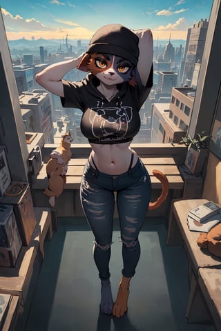 Uploaded on e621, by Pixelsketcher, by Bayard Wu, by Thomas Benjamin Kennington, by Einshelm, solo anthro, ((full body portrait)), (( wearing cropped hoodie and tight denim short)), (detailed Bonifasko lighting), (detailed fur), (detailed skin), ((wearing cropped hoodie and tight denim short)), ((facing viewer )), (cinematic lighting), ((detailed city background)), ((full body view)), ((from above)) (((portrait view))), ((full body)), (half shadow), [backlighting], [crepuscular ray], [detailed ambient light], [grey natural lighting], [ambient light], (higher wildlife feral detail), [sharp focus], (questionable content), (shaded), ((masterpiece), regular featureless breasts, breasts, furry cat, cat face, Furry Fantasy Art, Anthro Art, Commission for High Res, Furry Art, furry Art, Sakimichan beautiful, masterpiece, regular featureless breasts, best quality, detailed image, bright colors, detailed face, perfect lighting, perfect shadows, perfect eyes, girl focus, cat eyes, flawless face, regular featureless breasts, gorgeous, shiny face, face focus, cat ears, cat girl, fluffy, fluffy woman, face fur, animal nose, muzzle, one-tone fur, gaze at the viewer, half-closed eyes, 1girl, solo, full face only, (masterpiece), (best quality), (illustration), (cinematic lighting), detailed fur, balanced coloring, global illumination, ray tracing, good lighting, cat, furry, anthro, attractive face, sexy face, looking at viewer, seductive look, full body picture, perfect legs, meowskulls , detailed hoodie and denim short, Marlok artstyle,Marlok artstyle , beautiful girl ,hourglass body shape, posing, hands behind head,meowskulls