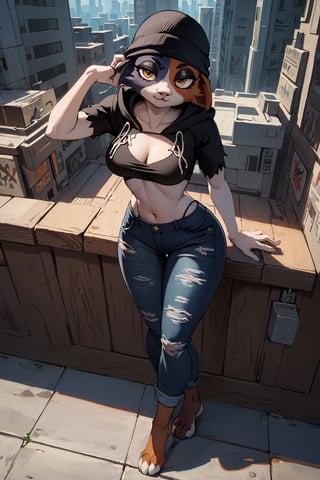 Uploaded on e621, by Pixelsketcher, by Bayard Wu, by Thomas Benjamin Kennington, by Einshelm, solo anthro, ((full body portrait)), (( wearing cropped hoodie and tight denim short)), (detailed Bonifasko lighting), (detailed fur), (detailed skin), ((wearing cropped hoodie and tight denim short)), ((facing viewer )), (cinematic lighting), ((detailed city background)), ((full body view)), ((from above)) (((portrait view))), ((full body)), (half shadow), [backlighting], [crepuscular ray], [detailed ambient light], [grey natural lighting], [ambient light], (higher wildlife feral detail), [sharp focus], (questionable content), (shaded), ((masterpiece), regular featureless breasts, breasts, furry cat, cat face, Furry Fantasy Art, Anthro Art, Commission for High Res, Furry Art, furry Art, Sakimichan beautiful, masterpiece, regular featureless breasts, best quality, detailed image, bright colors, detailed face, perfect lighting, perfect shadows, perfect eyes, girl focus, cat eyes, flawless face, regular featureless breasts, gorgeous, shiny face, face focus, cat ears, cat girl, fluffy, fluffy woman, face fur, animal nose, muzzle, one-tone fur, gaze at the viewer, half-closed eyes, 1girl, solo, full face only, (masterpiece), (best quality), (illustration), (cinematic lighting), detailed fur, balanced coloring, global illumination, ray tracing, good lighting, cat, furry, anthro, attractive face, sexy face, looking at viewer, seductive look, full body picture, perfect legs, meowskulls , detailed hoodie and denim short, Marlok artstyle,Marlok artstyle , beautiful girl ,hourglass body shape, posing, hands behind head,meowskulls
