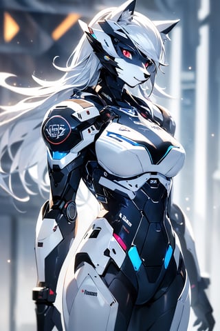 RAW photo, Best picture quality, high resolution, HDR, highres, (absurdres:1.2), realistic, sharp focus, realistic image of elegant furry anthro woman, beauty, supermodel, pure white hair with green, red eyes, wearing high-tech cyberpunk style blue mecha suit, radiant Glow, sparkling suit, mecha, perfectly customized high-tech suit, ice theme, custom design, 1 girl,furry, anthro, wolf,dark grey fur, white fur, body fur, wolf face, wolf girl, furry wolf, swordup, looking at viewer, robot,  lens flare, (vibrant color:1.2),1girl, hourglass body shape,FurryCore