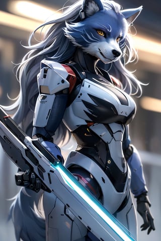 RAW photo, Best picture quality, high resolution, HDR, highres, (absurdres:1.2), realistic, sharp focus, realistic image of elegant furry anthro woman, beauty, supermodel, pure white hair with green, red eyes, wearing high-tech cyberpunk style blue mecha suit, radiant Glow, sparkling suit, mecha, perfectly customized high-tech suit, ice theme, custom design, 1 girl,furry, anthro, wolf,dark grey fur, white fur, body fur, wolf face, wolf girl, furry wolf, swordup, looking at viewer, robot,  lens flare, (vibrant color:1.2),1girl, hourglass body shape,fnafroxanne