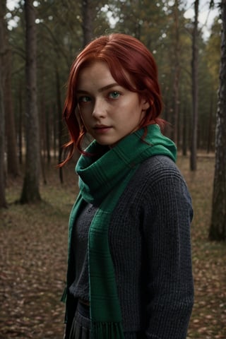1girl, (girl:1.3), 16 years old, (red hair:1.2) , (Green eyes:1.2)solo focus, portrait, simple background, standing, 
(slytherin), hogrobe, black robe, hogscarf, hogsweater, skirt, masterpiece, best quality, extremely detailed, highly detailed face, beautiful detailed eyes