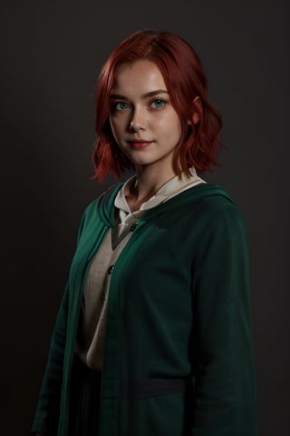 1girl, (girl:1.3), 16 years old, (red hair:1.2) , (Green eyes:1.2), solo focus, portrait, simple background, standing, 
(slytherin), hogrobe, black robe, skirt, masterpiece, best quality, extremely detailed, highly detailed face, beautiful detailed eyes, smirking