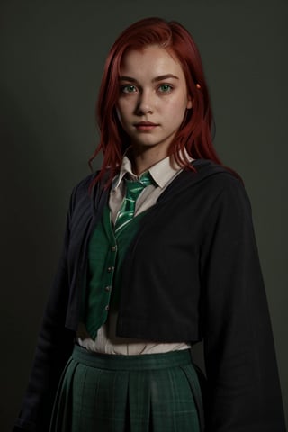 1girl, (girl:1.3), 16 years old, (red hair:1.2) , (Green eyes:1.2), solo focus, portrait, simple background, standing, 
(slytherin), hogrobe, black robe, skirt, masterpiece, best quality, extremely detailed, highly detailed face, beautiful detailed eyes