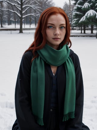 1girl, (girl:1.3), 16 years old, (long red hair:1.2) , (Blue eyes:1.2), solo focus, portrait, simple snowy background, seated, (slytherin), hogrobe (black robe), black robe, skirt, hogscarf (green scarf ), masterpiece, best quality, extremely detailed, highly detailed face, beautiful detailed eyes, holding magic wand