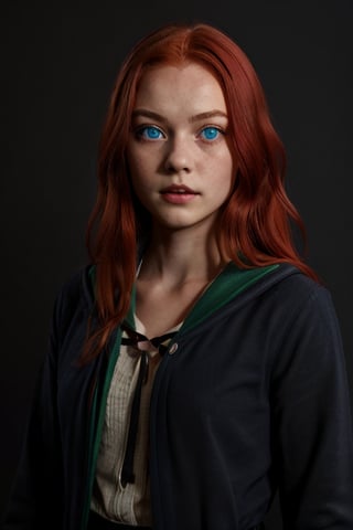 1girl, (girl:1.3), 16 years old, (long red hair:1.2) , (Blue eyes:1.2), solo focus, portrait, simple background, standing, 
(slytherin), hogrobe, black robe, skirt, masterpiece, best quality, extremely detailed, highly detailed face, beautiful detailed eyes