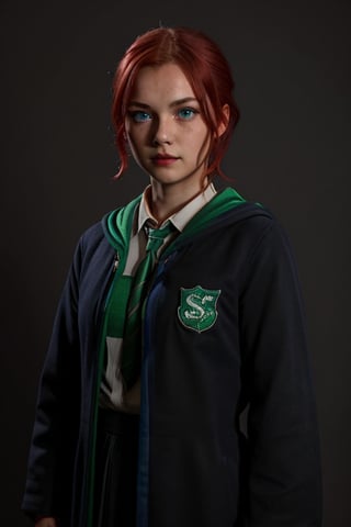 1girl, (girl:1.3), 16 years old, (red hair:1.2) , (Blue eyes:1.2), solo focus, portrait, simple background, standing, 
(slytherin), hogrobe, black robe, skirt, masterpiece, best quality, extremely detailed, highly detailed face, beautiful detailed eyes