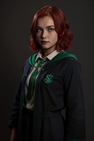 1girl, (girl:1.3), 16 years old, (red hair:1.2) , (Blue eyes:1.2), solo focus, portrait, simple background, standing, 
(slytherin), hogrobe, black robe, skirt, masterpiece, best quality, extremely detailed, highly detailed face, beautiful detailed eyes