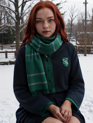 1girl, (girl:1.3), 16 years old, (long red hair:1.2) , (Blue eyes:1.2), solo focus, portrait, simple snowy background, seated, (slytherin), hogrobe, black robe, skirt, hogscarf (green scarf ), masterpiece, best quality, extremely detailed, highly detailed face, beautiful detailed eyes
