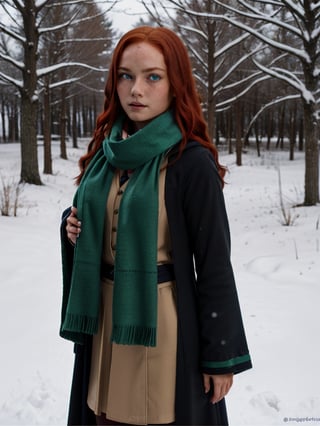 1girl, (girl:1.3), 16 years old, (long red hair:1.2) , (Blue eyes:1.2), solo focus, portrait, simple snowy background, standing, (slytherin), hogrobe (black robe), black robe, skirt, hogscarf (green scarf ), masterpiece, best quality, extremely detailed, highly detailed face, beautiful detailed eyes, holding magic wand