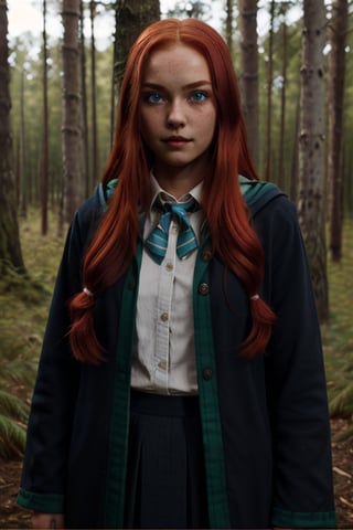 1girl, (girl:1.3), 16 years old, (long red hair:1.2) , (Blue eyes:1.2), solo focus, portrait, simple forest background, standing, 
(slytherin), hogrobe, black robe, skirt, masterpiece, best quality, extremely detailed, highly detailed face, beautiful detailed eyes