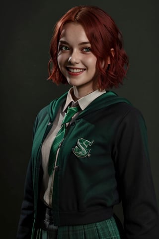 1girl, (girl:1.3), 16 years old, (red hair:1.2) , (Green eyes:1.2), solo focus, portrait, simple background, standing, 
(slytherin), hogrobe, black robe, skirt, masterpiece, best quality, extremely detailed, highly detailed face, beautiful detailed eyes, grin