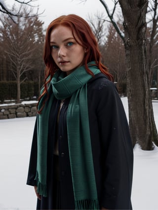 1girl, (girl:1.3), 16 years old, (long red hair:1.2) , (Blue eyes:1.2), solo focus, portrait, simple snowy background, standing, (slytherin), hogrobe (black robe), black robe, skirt, hogscarf (green scarf ), masterpiece, best quality, extremely detailed, highly detailed face, beautiful detailed eyes