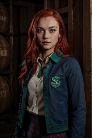1girl, (girl:1.3), 16 years old, (long red hair:1.2) , (Blue eyes:1.2), solo focus, portrait, simple background, standing, 
(slytherin), hogbrezwer, jacket, skirt, masterpiece, best quality, extremely detailed, highly detailed face, beautiful detailed eyes