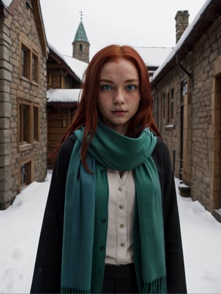 1girl, (girl:1.3), 16 years old, (long red hair:1.2) , (Blue eyes:1.2), solo focus, portrait, simple snowy and castle background, walking, (slytherin), hogrobe (black robe), black robe, hogscarf (green scarf ), masterpiece, best quality, extremely detailed, highly detailed face, beautiful detailed eyes