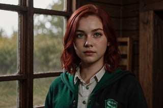 1girl, (girl:1.3), 16 years old, (red hair:1.2) , (Green eyes:1.2), solo focus, portrait, simple background, standing, 
(slytherin), hogbrezwer, black robe, skirt, masterpiece, best quality, extremely detailed, highly detailed face, beautiful detailed eyes
