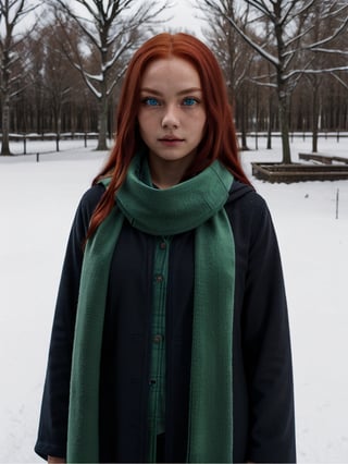 1girl, (girl:1.3), 16 years old, (long red hair:1.2) , (Blue eyes:1.2), solo focus, portrait, simple snowy background, standing, (slytherin), hogrobe (black robe), black robe, hogscarf (green scarf ), masterpiece, best quality, extremely detailed, highly detailed face, beautiful detailed eyes