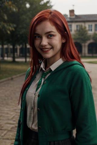 1girl, (girl:1.3), 16 years old, (red hair:1.2) , (Green eyes:1.2), solo focus, portrait, simple background, standing, 
(slytherin), hogrobe, black robe, skirt, masterpiece, best quality, extremely detailed, highly detailed face, beautiful detailed eyes, grin