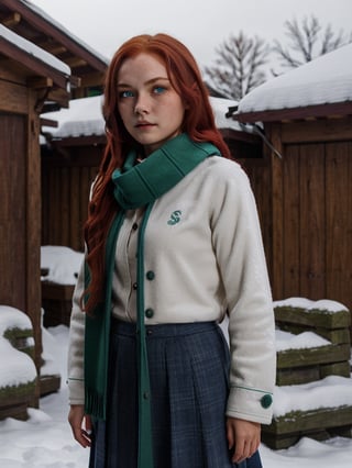 1girl, (girl:1.3), 16 years old, (long red hair:1.2) , (Blue eyes:1.2), solo focus, portrait, simple snowy background, standing, (slytherin), hogrobe, black robe, skirt, hogscarf (green scarf ), masterpiece, best quality, extremely detailed, highly detailed face, beautiful detailed eyes