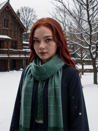 1girl, (girl:1.3), 16 years old, (long red hair:1.2) , (Blue eyes:1.2), solo focus, portrait, simple snowy background, walking in falling snow, (slytherin), hogrobe, black robe, skirt, hogscarf (green scarf ), masterpiece, best quality, extremely detailed, highly detailed face, beautiful detailed eyes