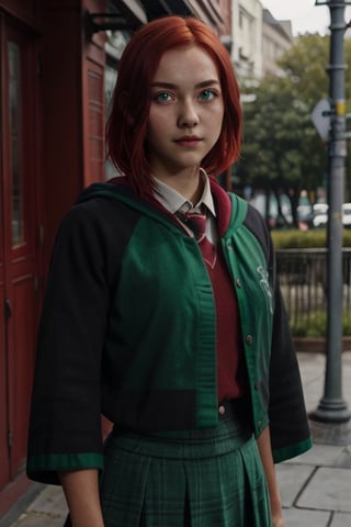 1girl, (girl:1.3), 16 years old, (red hair:1.2) , (Green eyes:1.2), solo focus, portrait, simple background, standing, 
(slytherin), hogrobe, black robe, skirt, masterpiece, best quality, extremely detailed, highly detailed face, beautiful detailed eyes