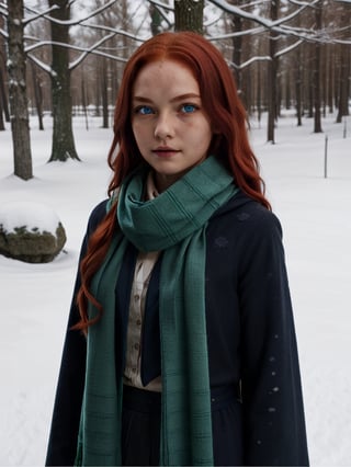 1girl, (girl:1.3), 16 years old, (long red hair:1.2) , (Blue eyes:1.2), solo focus, portrait, simple snowy background, walking, (slytherin), hogrobe, black robe, skirt, hogscarf (green scarf ), masterpiece, best quality, extremely detailed, highly detailed face, beautiful detailed eyes