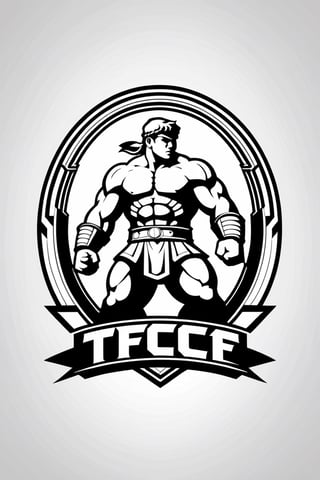 Create a logo with a minimalist black and white outline of a Roman colosseum. Inside, incorporate a small silhouette of a Street Fighter fighter standing atop the letters "TFC ARENA." Utilize clean lines to convey the essence of fighting game tournaments, capturing the intensity and spirit of competition.