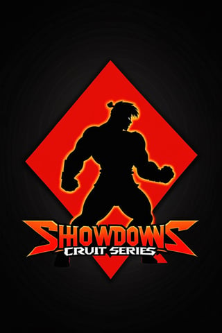  Design a simple yet dynamic logo featuring the outline of a fighting arena as the background shape. Incorporate the text "Showdowns Circuit Series" in a bold and clear font at the forefront. In the background, include the shadowed silhouette of akuma iconic pose from Street Fighter, capturing the essence of intense combat. 