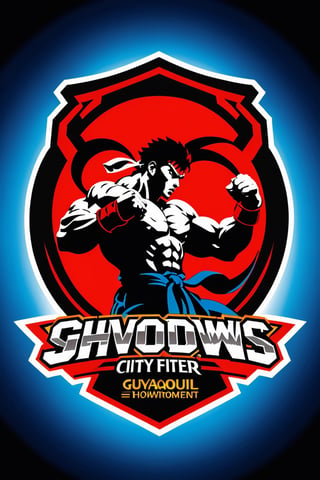  Design a simple yet dynamic logo featuring the outline of a fighting arena as the background shape. Incorporate the text "Guayaquil City Showdowns" in a bold and clear font at the forefront. In the background, include the shadowed silhouette of Akuma's iconic pose from Street Fighter, capturing the essence of intense combat. Ensure that the overall design reflects the excitement and energy of competitive gaming tournaments while highlighting the specific influence of Street Fighter's iconic character.