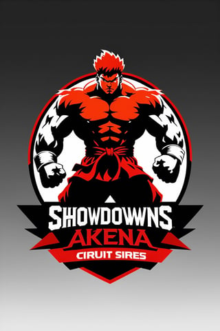  Design a simple yet dynamic logo featuring the outline of a fighting arena as the background shape. Incorporate the text "Showdowns Circuit Series" in a bold and clear font at the forefront. In the background, include the shadowed silhouette of akuma iconic pose from Street Fighter, capturing the essence of intense combat. 