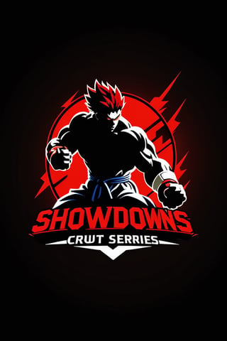  Design a simple yet dynamic logo featuring the outline of a fighting arena as the background shape. Incorporate the text "Showdowns Circuit Series" in a bold and clear font at the forefront. In the background, include the shadowed silhouette of akuma iconic pose from Street Fighter, capturing the essence of intense combat. 