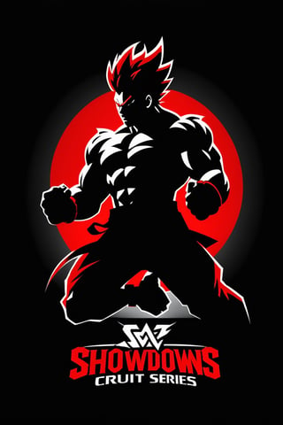  Design a simple yet dynamic logo featuring the outline of a fighting arena as the background shape. Incorporate the text "Showdowns Circuit Series" in a bold and clear font at the forefront. In the background, include the shadowed silhouette of akuma iconic pose from Street Fighter, capturing the essence of intense combat. 