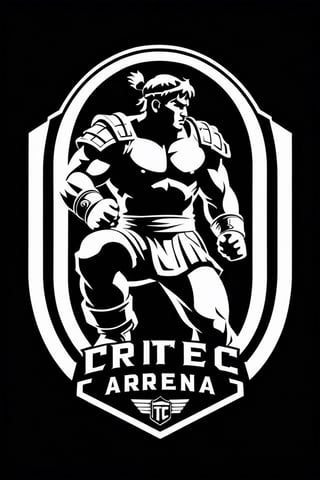 Design a logo featuring a simple black and white outline of a Roman colosseum, with the silhouette of a Street Fighter fighter standing prominently in the center. The fighter should be positioned atop the letters "TFC ARENA." Utilize clean lines to capture the essence of fighting game tournaments, showcasing the intensity and excitement of the battles.





