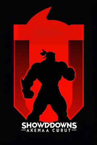  Design a simple yet dynamic logo featuring the outline of a fighting arena as the background shape. Incorporate the text "Showdowns Circuit Series" in a bold and clear font at the forefront. In the background, include the shadowed silhouette of akuma iconic pose from Street Fighter, capturing the essence of intense combat. 