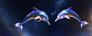 Fantasy dolphins composed of stars, a large group of fantasy dolphins, vortex, twinkling starlight, stars, stardust, interstellar, milky way, stars, depth of field