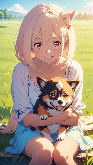 Under the blue sky, the young girl gracefully sat down on the lush grass, and the puppy faithfully nestled beside her. Her gaze toward the dog was filled with affection, a tender expression that spoke volumes of her love for the furry companion.smile,The wind is blowing