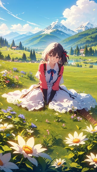 Under the blue sky, the young girl gracefully sat down on the lush grass.smile,The wind is blowing,A field of spring flowers,Far in the distance, the Alps mountain range is visible,The wind makes the hair flutter