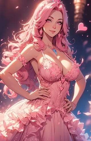 (((long pink-hair:1.3))), (curly hair:1.3),(pink eyes:1.3), ((1 mature woman)), (busty), large breasts, best quality, extremely detailed, HD, 8k, (sweet smile), (happy eyes), ((Fantasy background)),(heart:1.2),princess dress, (pink dress)