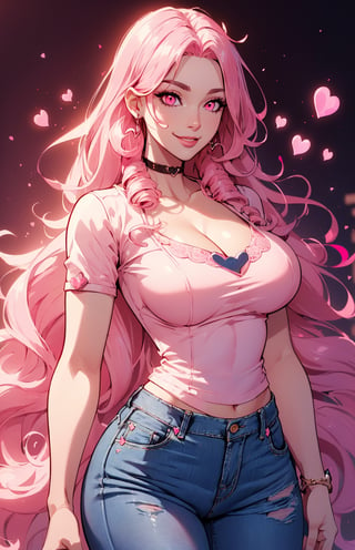 (((long pink-hair:1.3))), (curly hair:1.3), (pink eyes:1.3), ((1 mature woman)), (busty), large breasts, best quality, extremely detailed, HD, 8k, (sweet smile), (happy eyes), ((Fantasy background)),(heart:1.2),(pink jeans pants),[Urban_Gal|butterfly_top]