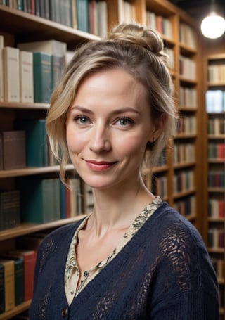 Bookstore view of a Swedish librarian, 41 years old, balancing intellectual aura with a gentle approachability, with a slender, slightly stooped posture and a soft face marked by a pronounced lazy eye, in a quaint Stockholm library. She's shelving books, her movements delicate and methodical, her smile warm and slightly lopsided, revealing slightly uneven teeth.

Her hair, a silvery-blonde, is kept in a neat, low bun, functional for her work. Her eyes, one noticeably less focused, reflect a quiet intelligence, her smile kind and inviting despite its asymmetry.

She has a lean, gentle build, with one shoulder slightly higher than the other. Dressed in a (cozy cardigan) over a (patterned blouse) and (comfortable slacks), her outfit is librarian-chic and practical. Her feet, in (soft, cushioned flats), move quietly through the aisles, her presence a blend of scholarly knowledge and unassuming charm.
(skin blemishes), 8k uhd, dslr, soft lighting, high quality, film grain, Fujifilm XT3, high quality photography, 3 point lighting, flash with softbox, 4k, Canon EOS R3, hdr, smooth, sharp focus, high resolution, award winning photo, 80mm, f2.8, bokeh, (Highest Quality, 4k, masterpiece, Amazing Details:1.1), film grain, Fujifilm XT3, photography,
(imperfect skin), detailed eyes, epic, dramatic, fantastical, full body, intricate design and details, dramatic lighting, hyperrealism, photorealistic, cinematic, 8k, detailed face. Extremely Realistic, art by sargent, PORTRAIT PHOTO, Aligned eyes, Iridescent Eyes, (blush, eye_wrinkles:0.6), (goosebumps:0.5), subsurface scattering, ((skin pores)), (detailed skin texture), (( textured skin)), realistic dull (skin noise), visible skin detail, skin fuzz, dry skin, hyperdetailed face, sharp picture, sharp detailed, (((analog grainy photo vintage))), Rembrandt lighting, ultra focus, illuminated face, detailed face, 8k resolution
,photo r3al,Extremely Realistic,aw0k euphoric style,PORTRAIT PHOTO,Enhanced Reality