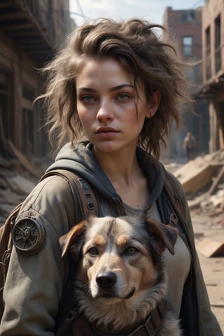 dystopian art, 18yo girl, a survivor of post-apocalypse, walking her dog in the abandoned city, beautiful face with messy hair and gear, DnD, in the style of realistic and hyper-detailed renderings, dungeons and dragons, 8k, detailed eyes, epic , dramatic , fantastical, full body , intricate design and details, dramatic lighting, hyperrealism, photorealistic, cinematic, 8k, detailed face. Extremely Realistic, art by sargent, PORTRAIT PHOTO, 
Aligned eyes,  Iridescent Eyes,  (blush,  eye_wrinkles:0.6),  (goosebumps:0.5),  subsurface scattering,  ((skin pores)),  (detailed skin texture),  (( textured skin)),  realistic dull (skin noise),  visible skin detail,  skin fuzz,  dry skin,  hyperdetailed face,  sharp picture,  sharp detailed,  (((analog grainy photo vintage))),  Rembrandt lighting,  ultra focus,  illuminated face,  detailed face,  8k resolution,