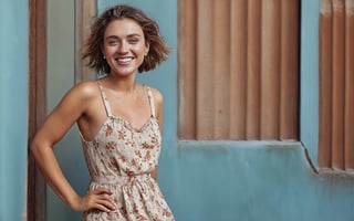 (wide shot), (long shot ),  ((full body)) 
{25 yo female}, wavy short bob, light olive skin, sea-blue eyes, (copper eyeshadow), wearing (sundress with a floral pattern), joyful laugh. Inside an old abandoned factory. textured walls showing signs of wear and age, cracked and peeled paint, rust marks. .

Her messy hair, wavy , black,  frames her face enhancing her overall charm. 

She's got a (slender figure) and (fantastic legs). Wearing a short dress which accentuates her figure and great legs. (Leather black shoes). (((Shown full length)))

Low camera shot. (frog perspective shot) In summary,  this image captures the essence of inviting and stylish beauty. film grain. grainy. Sony A7III. photo r3al, 
,PORTRAIT PHOTO,
iridescent Eyes, (blush, eye_wrinkles:0.6), (goosebumps:0.5), subsurface scattering, imperfect skin, skin blemishes, ((skin pores)), detailed skin texture, textured skin, realistic dull skin noise, visible skin detail, skin fuzz, dry skin, hyperdetailed face, sharp picture, sharp detailed, 
analog very grainy photo vintage, Rembrandt lighting, ultra focus, illuminated face, detailed face, 8k resolution, painted, dry brush, brush strokes, sharp focus,more saturation 