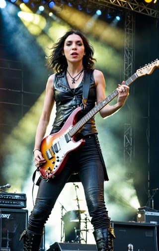 (wideshot), (long shot ), ((full body)) Image of a British rock band's lead guitarist, 29 years old, embodying a fusion of intensity and allure, with a thin, tall figure, and a striking resemblance to PJ Harvey. Her face, angular and dramatic, is captured in the (lower left of the frame). She's commanding the stage at a lively music festival, her electric guitar resonating with a raw, captivating energy.

Her long, black hair flows wildly around her, enhancing her stage presence and echoing the untamed nature of her music. Her eyes, deep and expressive, are not focused on the camera but are lost in the fervor of her performance, her lips curled in a defiant, passionate snarl.

She has a slender, towering build. Dressed in a (fitted leather vest) over a (vintage band tee) and (skinny black jeans), her outfit is a tribute to rock's edgy aesthetics. Her feet, in (lace-up ankle boots), move with purpose and rhythm across the stage, each gesture a reflection of her gritty, powerful musical style.

((Full body shot)), (full body shown)
Low camera long  shot. (frog perspective shot) In summary, this image captures the essence of inviting and stylish beauty. film grain. grainy. Sony A7III. photo r3al,
,PORTRAIT PHOTO,
Aligned eyes, Iridescent Eyes, (blush, eye_wrinkles:0.6), (goosebumps:0.5), subsurface scattering, ((skin pores)), detailed skin texture, textured skin, realistic dull skin noise, visible skin detail, skin fuzz, dry skin, hyperdetailed face, sharp picture, sharp detailed, 
analog grainy photo vintage, Rembrandt lighting, ultra focus, illuminated face, detailed face, 8k resolution, ,photo r3al,Extremely Realistic