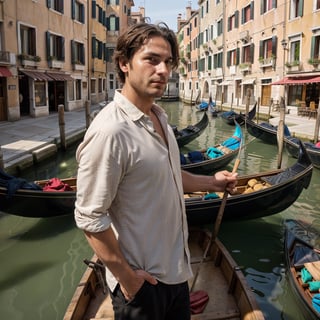 Venice gondola view, capturing a fleeting moment with a 32-year-old Venetian gondolier, epitomizing the romance and charm of the city. He has a robust build, and his distinctive, sun-tanned face is marked by a small, healed cut on his lip, adding to his rugged appeal. Gliding along a narrow canal near the Rialto Bridge, he skillfully navigates the gondola, his focus on the waterway, unaware of the camera capturing this serene scene.

His hair, dark and slightly wavy, is typical of a man who spends his days outdoors, lending him a natural, approachable look. As he stands at the stern, guiding the gondola, his profile shows a moment of attentive navigation, his lips parted in a soft whistle, his gaze never meeting the camera's lens.

He's dressed in a (traditional striped shirt) and (dark, casual trousers), the quintessential attire of a gondolier. His feet, in (well-worn, practical shoes), are firmly positioned on the gondola, his stance steady as he provides a memorable experience through Venice's iconic canals., detailed fingers, 4k, HD, high quality, extremely detailed . RAW photo, 8k uhd, dslr, high quality, film grain, Fujifilm XT3 , detailed (wrinkles, blemishes, folds, moles, viens, pores, skin imperfections:1.1)  dark studio, rim lighting, two tone lighting, dimly lit, low key