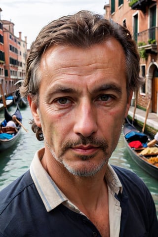 Venice gondola view, capturing a fleeting moment with a 32-year-old Venetian gondolier, epitomizing the romance and charm of the city. He has a robust build, and his distinctive, sun-tanned face is marked by a small, healed cut on his lip, adding to his rugged appeal. Gliding along a narrow canal near the Rialto Bridge, he skillfully navigates the gondola, his focus on the waterway, unaware of the camera capturing this serene scene.

His hair, dark and slightly wavy, is typical of a man who spends his days outdoors, lending him a natural, approachable look. As he stands at the stern, guiding the gondola, his profile shows a moment of attentive navigation, his lips parted in a soft whistle, his gaze never meeting the camera's lens.

He's dressed in a (traditional striped shirt) and (dark, casual trousers), the quintessential attire of a gondolier. His feet, in (well-worn, practical shoes), are firmly positioned on the gondola, his stance steady as he provides a memorable experience through Venice's iconic canals., late afternoon in August. detailed fingers, 4k, HD, high quality, extremely detailed . RAW photo, 8k uhd, dslr, high quality, film grain, Fujifilm XT3 , detailed (wrinkles, blemishes, folds, moles, viens, pores, skin imperfections:1.1)  dark studio, rim lighting, two tone lighting, dimly lit, low key.
(skin blemishes), 8k uhd, dslr, soft lighting, high quality, film grain, Fujifilm XT3, high quality photography, 3 point lighting, flash with softbox, 4k, Canon EOS R3, hdr, smooth, sharp focus, high resolution, award winning photo, 80mm, f2.8, bokeh, (Highest Quality, 4k, masterpiece, Amazing Details:1.1), film grain, Fujifilm XT3, photography,
(imperfect skin), detailed eyes, epic, dramatic, fantastical, full body, intricate design and details, dramatic lighting, hyperrealism, photorealistic, cinematic, 8k, detailed face. Extremely Realistic, art by sargent, PORTRAIT PHOTO, Aligned eyes, Iridescent Eyes, (blush, eye_wrinkles:0.6), (goosebumps:0.5), subsurface scattering, ((skin pores)), (detailed skin texture), (( textured skin)), realistic dull (skin noise), visible skin detail, skin fuzz, dry skin, hyperdetailed face, sharp picture, sharp detailed, (((analog grainy photo vintage))), Rembrandt lighting, ultra focus, illuminated face, detailed face, 8k resolution
,photo r3al,Extremely Realistic,aw0k euphoric style,PORTRAIT PHOTO,Enhanced Reality,PHOTO