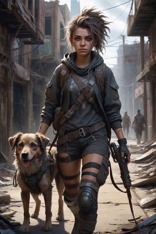 dystopian art, 18yo girl, a survivor of post-apocalypse, walking her dog in the abandoned city, beautiful face with messy hair and gear, DnD, in the style of realistic and hyper-detailed renderings, dungeons and dragons, 8k, detailed eyes, epic , dramatic , fantastical, full body , intricate design and details, dramatic lighting, hyperrealism, photorealistic, cinematic, 8k, detailed face