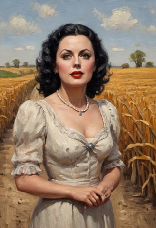 oil painting head and shoulders portrait of Hedy Lamarr as a 19th century woman, in a dress, on a dirt road beside a corn field. High noon.