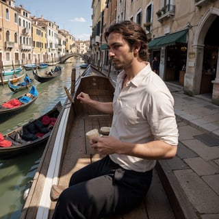 Venice gondola view, capturing a fleeting moment with a 32-year-old Venetian gondolier, epitomizing the romance and charm of the city. He has a robust build, and his distinctive, sun-tanned face is marked by a small, healed cut on his lip, adding to his rugged appeal. Gliding along a narrow canal near the Rialto Bridge, he skillfully navigates the gondola, his focus on the waterway, unaware of the camera capturing this serene scene.

His hair, dark and slightly wavy, is typical of a man who spends his days outdoors, lending him a natural, approachable look. As he stands at the stern, guiding the gondola, his profile shows a moment of attentive navigation, his lips parted in a soft whistle, his gaze never meeting the camera's lens.

He's dressed in a (traditional striped shirt) and (dark, casual trousers), the quintessential attire of a gondolier. His feet, in (well-worn, practical shoes), are firmly positioned on the gondola, his stance steady as he provides a memorable experience through Venice's iconic canals., late afternoon in August. detailed fingers, 4k, HD, high quality, extremely detailed . RAW photo, 8k uhd, dslr, high quality, film grain, Fujifilm XT3 , detailed (wrinkles, blemishes, folds, moles, viens, pores, skin imperfections:1.1)  dark studio, rim lighting, two tone lighting, dimly lit, low key